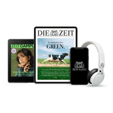 Ein Handy, ein Tablet und ein E-Book-Reader mit Ausgaben von DIE ZEIT und ZEIT Campus auf dem Display, sowie ein Kopfhörer.